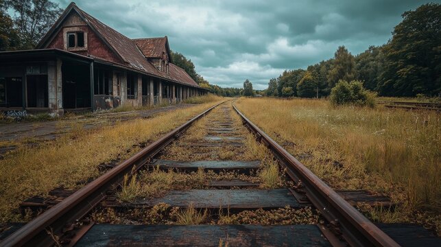 An abandoned train station with rusted tracks overgrown with grass