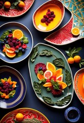 vibrant colorful food presentations decorative ceramic plates showcasing culinary artistry...