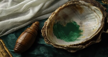 A decorative shell dish with a green interior, beside a wooden spinning top.