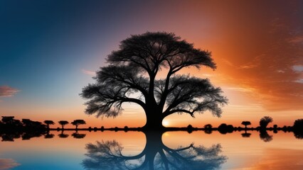 Fototapeta premium A serene sunset silhouette of a large tree reflecting on calm water, creating a peaceful atmosphere.