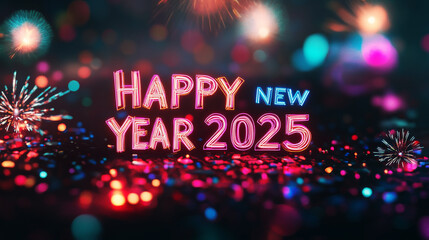 Numbers of year 2025 and Happy New Year in firework background. Festive New Year Eve background greeting card design