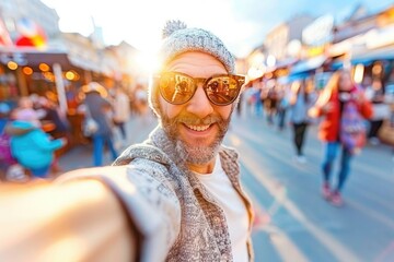 Obraz premium Happy man smiling at a vibrant market during sunset with festive decor and bustling crowds