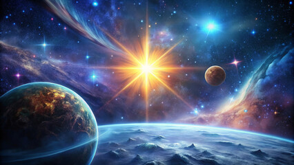 A stunning cosmic scene featuring vibrant planets, radiant star, and colorful nebula, evoking sense of wonder and exploration in vastness of space