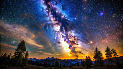 Obraz premium A breathtaking starry night sky showcases Milky Way galaxy, illuminated by vibrant colors and surrounded by silhouetted trees and mountains. scene evokes sense of wonder and tranquility