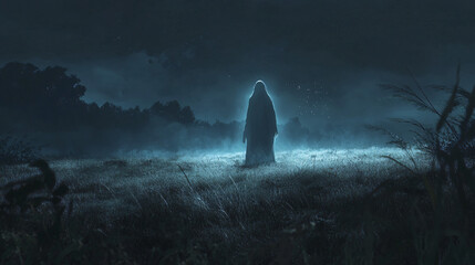 A ghostly figure standing in an open field under a starless sky, shrouded in mist and shadow.