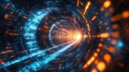 Obraz premium Digital technology background with blue and orange lights, glowing digital data streams in the center of abstract futuristic space tunnel or dark corridor with light particles and