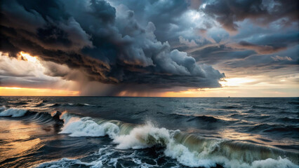 Obraz premium Dramatic storm clouds gather over sea, creating stunning contrast with waves below. scene captures raw power of nature, evoking sense of awe and anticipation