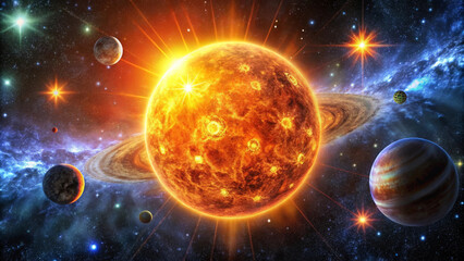Obraz premium A vibrant depiction of sun surrounded by planets and stars, showcasing beauty of universe. glowing sun radiates warmth and light, creating stunning cosmic scene