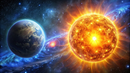 A vibrant depiction of sun and Earth in space, showcasing beauty of cosmos with bright colors and celestial elements. sun radiates warmth and energy, while Earth appears serene and majestic