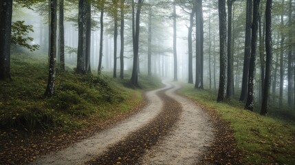 Fototapeta premium An isolated path winding through a foggy woodland