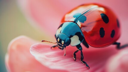 Naklejka premium An extreme close-up of a ladybug on a flower petal, showing its bright red shell with black spots in high detail, set against a blurred floral background.