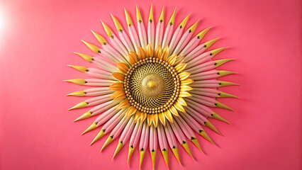 A vibrant sunburst pattern created with colored pencils radiates from central point, showcasing blend of pink and gold hues against bright pink background. This artistic arrangement evokes creativity