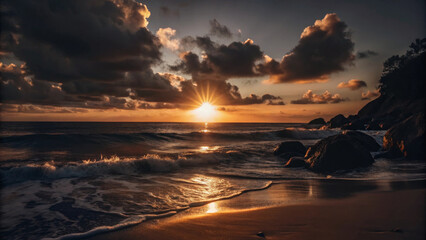 A stunning sunrise over beach, with golden rays piercing through clouds and reflecting on water. waves gently lap against shore, creating serene atmosphere