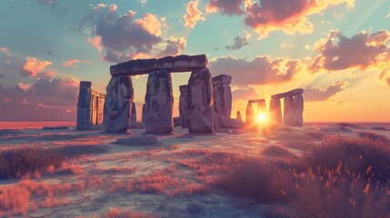 Scenic Sunset over the Iconic Stonehenge Ruins in the English Countryside