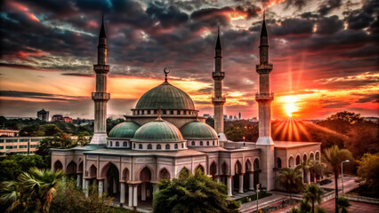 Obraz premium A stunning sunset illuminates mosque, casting vibrant colors across sky and highlighting its architectural beauty. scene evokes sense of peace and tranquility