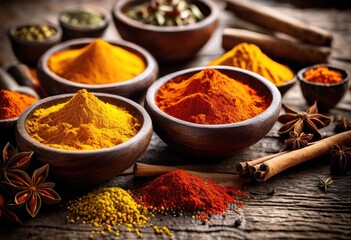 vibrant collection colorful spices displayed rustic natural wood surface creating rich culinary aesthetic, arrangement, cooking, ingredients, herbs