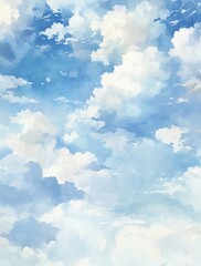 Serene Pastel Sky with Fluffy White Clouds: A Tranquil Watercolor Background for Elegant Designs.