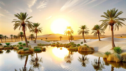 Obraz premium A stunning sunset over an oasis, featuring palm trees and tranquil waters reflecting golden hues of sun. serene landscape evokes sense of peace and beauty
