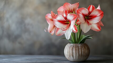  Beautiful arrangement of pink and white amaryllis flowers in a vase, adding elegance and freshness to home decor.