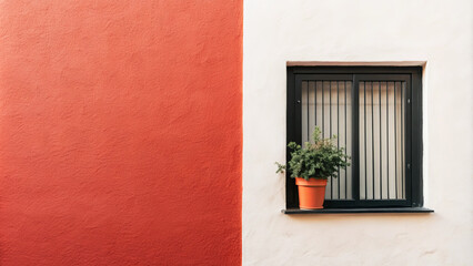 A vibrant red wall contrasts beautifully with white wall, featuring window adorned with green plant in an orange pot, creating lively and inviting atmosphere