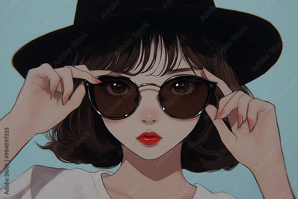 Canvas Prints Anime girl with black hat and sunglasses, portrait illustration