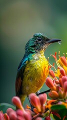 Colorful Bird Perched on Flowers with Water Droplet