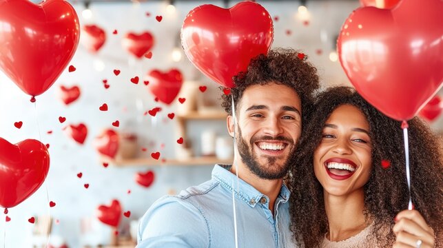 Happy couple holding red heart-shaped balloons surrounded by romantic Valentine's decorations. Love, celebration, and joy concept.