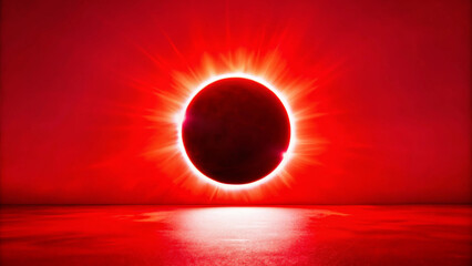 Naklejka premium A stunning total solar eclipse casts vibrant red glow over horizon, creating breathtaking celestial spectacle. suns corona radiates brilliantly against darkened sky, evoking awe and wonder