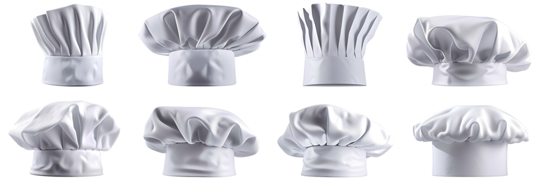 Set of white Chef hats, cook caps and baker Toque Blanche on withe cutout