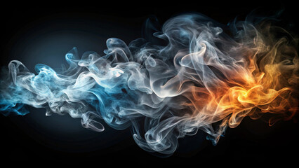 Ethereal smoke swirls in shades of blue, white, and orange, creating mesmerizing visual effect against dark background. dynamic movement evokes sense of fluidity and mystery