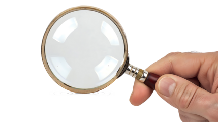 Hand holding magnifying glass, insolated on withe background