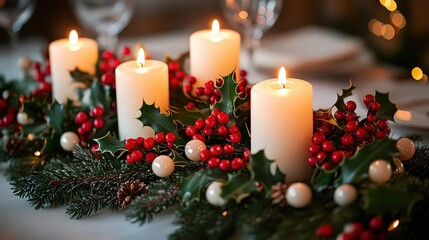  Elegant holiday table centerpiece with candles, holly, and berries, glowing softly in festive Christmas setting.