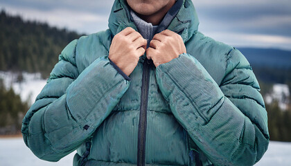 Close-up of a person adjusting their winter gloves and jacket