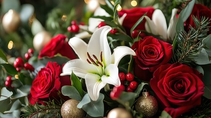 Fototapeta premium Festive arrangement of red roses, white lilies, and berries, accented with Christmas ornaments and greenery.