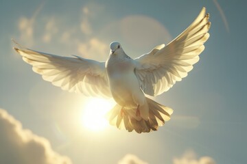 Obraz premium Dove flying with wings open in front of the sun.