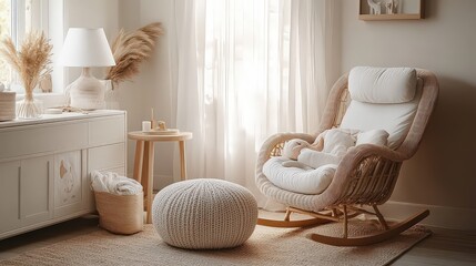  Cozy nursery corner with a soft rocking chair, ottoman, and warm natural light, creating a serene and inviting space for relaxation.