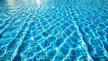 Crystal clear water in swimming pool reflects sunlight, creating beautiful patterns on surface. vibrant blue hues invite relaxation and enjoyment