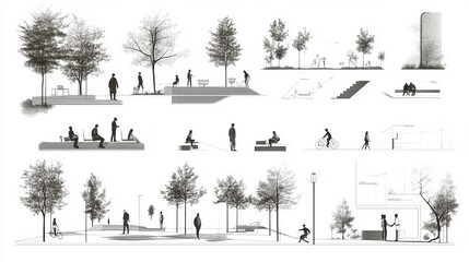 A set of vector architectural drawings depicting people in an outdoor park, rendered in a minimal hand-drawn style for use in sections, elevations, and floor plans