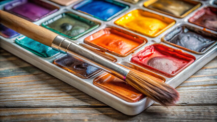 Watercolor paint strokes create vibrant palette, showcasing variety of colors. brush rests on tray, ready for artistic expression and creativity