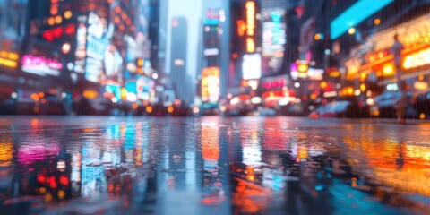 Colorful neon-lit city street at night, reflecting vibrant lights on wet pavement. Concept: Urban nightlife and energy.