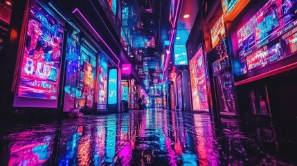 Fototapeta premium Colorful neon-lit city street at night, reflecting vibrant lights on wet pavement. Concept: Urban nightlife and energy.