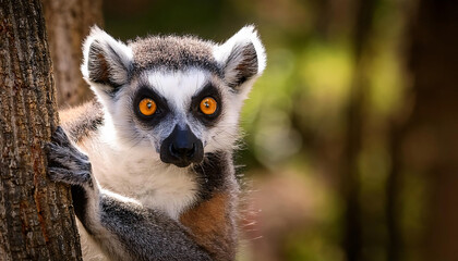 Fototapeta premium Curious Lemur Catta peeking from behind a tree 