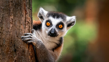 Obraz premium Curious Lemur Catta peeking from behind a tree 