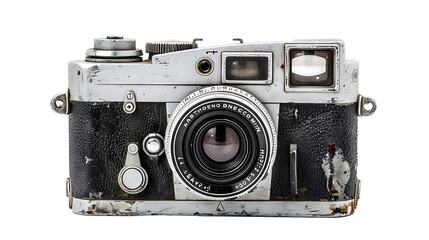 Vintage analog camera with visible dials and buttons, isolated on a white background