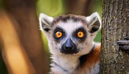 Obraz premium Curious Lemur Catta peeking from behind a tree 