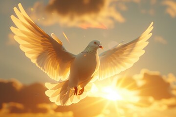 Dove flying with wings open in front of the sun.