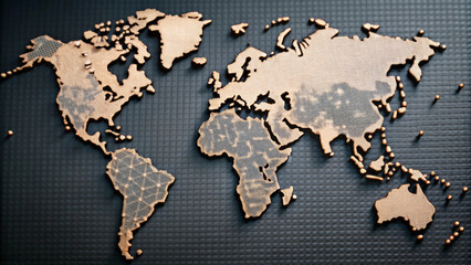 A detailed world map design made of textured material showcases continents and countries in unique style. This artistic representation highlights geographical features beautifully