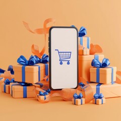 Smartphone with shopping cart icon surrounded by gift boxes and ribbons on an orange background.