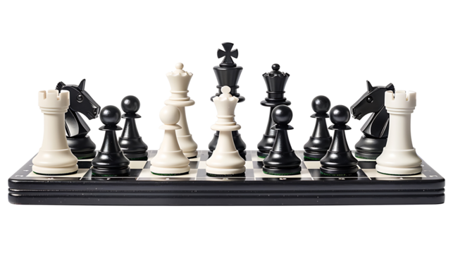 Detailed chessboard with pieces arranged for a game, isolated on a white background