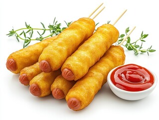 Delicious corn dogs on skewers served with ketchup and garnished with fresh herbs, perfect for snacks or party appetizers, white background